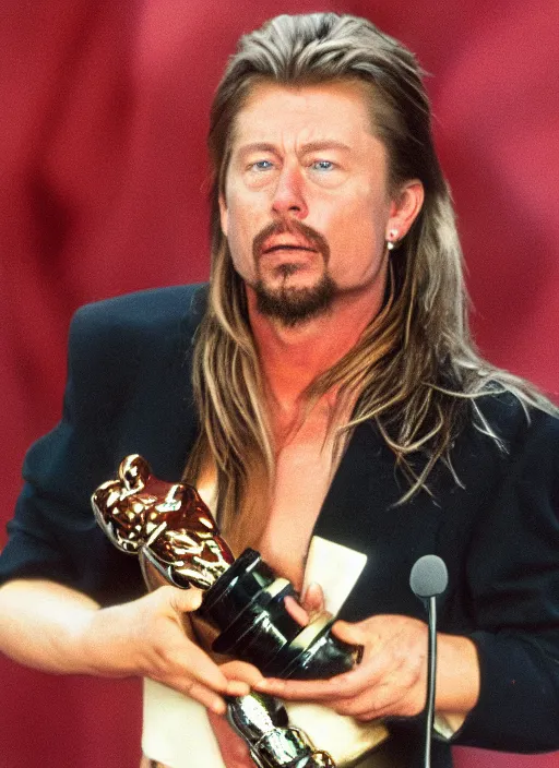 Image similar to a hyper realistic ultra realistic photograph of Joe Dirt winning an oscar, highly detailed, 8k photo