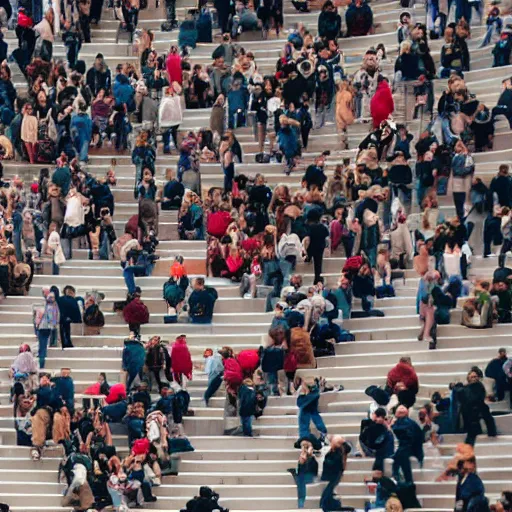 Prompt: a massive amount of people falling down some stairs