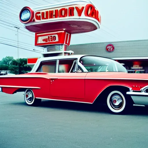 Prompt: 3 5 mm film photo of a white 1 9 6 0 s chevy impala with a red interior outside an old gas station