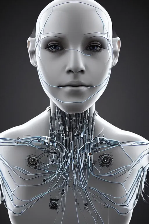 Image similar to robot with human face, female head, full body angle, woman human face, human face realistic, beautiful blonde hair, human head, human head with blonde hair, blonde hair human head, blonde hair, human realistic face, human head skin, cyborg frame concept, cyborg by ales-kotnik, sci-fi android female, the body is made of wires, robotic body, cyborg body, cyborg bust body, robot body cyborg, full body