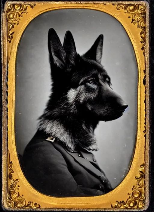 Image similar to professional studio photo portrait of anthro anthropomorphic german shepard head animal person fursona serious wearing elaborate military general uniform clothes degraded medium by Louis Daguerre daguerreotype tintype