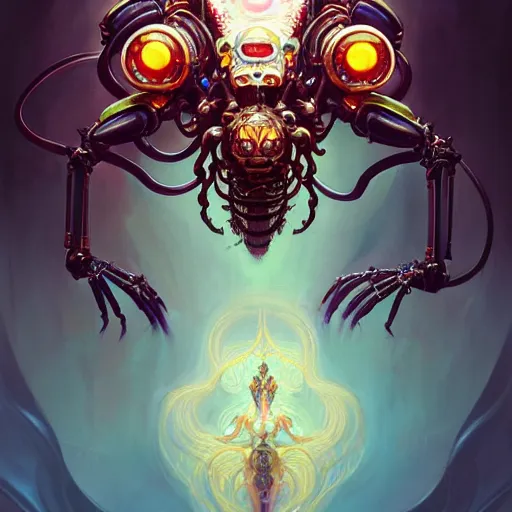 Prompt: portrait biomechanical spider king, cyberpunk, bionics, augments, lights, cables, elegant gleaming intricate baroque jewellery, colorful, vivid, imposing, epic, digital painting, artstation, concept art, by peter mohrbacher and wlop and rhads,