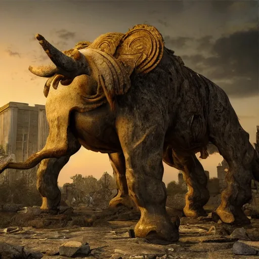 Image similar to golden mammoth in a ruined city, photorealistic, realistic, dramatic, cinematic, photography