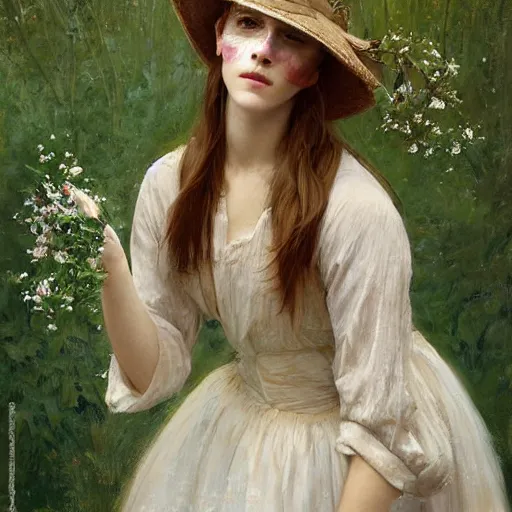 Image similar to blindfolded very thick paint brush strokes paint texture full body fashion model emma watson by Jeremy Lipking by Hasui Kawase by Richard Schmid (((smokey eyes makeup eye shadow fantasy, glow, shimmer as victorian woman in a long white frilly lace dress and a large white hat having tea in a sunroom filled with flowers, roses and lush fern flowers ,intricate, night, highly detailed, dramatic lighting))) , high quality