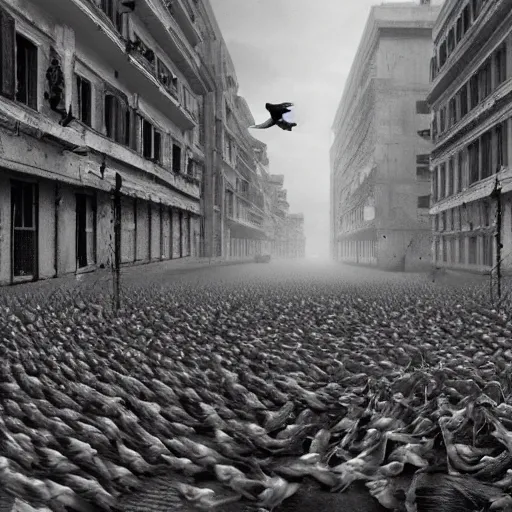 Image similar to pigeons bombing the city of Athens, black and white, extremely high detail, photorealistic, cinematic lighting, artstation, octane render, art by Zdzisław Beksiński