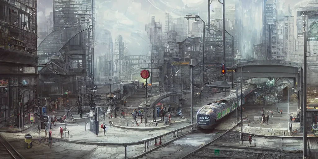 Image similar to 2 0 4 5 train station city landscale, concept art, illustration, highly detailed, artwork, hyper realistic, painting