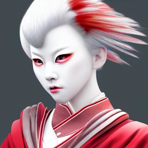 Prompt: young albino kitsune maiko in the style of hiroaki samura, unreal engine octane, red highlights, portrait,detailed,