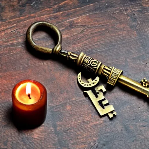 Image similar to a large ornate key with gems and engraved runes, next to a candle on a rough wooden dungeon table, very dark, candlelig, d & d, photo