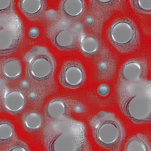 Prompt: chrome spheres on a red cube, chemigram