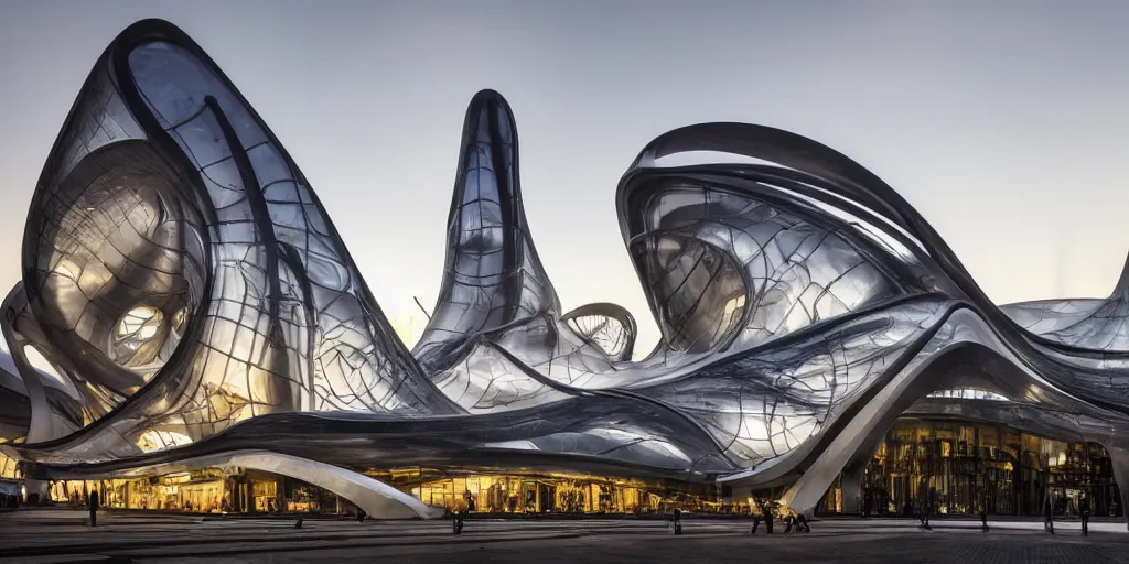 Image similar to extremely detailed ornate stunning sophisticated beautiful elegant futuristic museum exterior by Zaha Hadid, Milan buildings in the background, smooth curvilinear design, stunning volumetric light, stainless steal, concrete, translucent material, beautiful sunset, tail lights