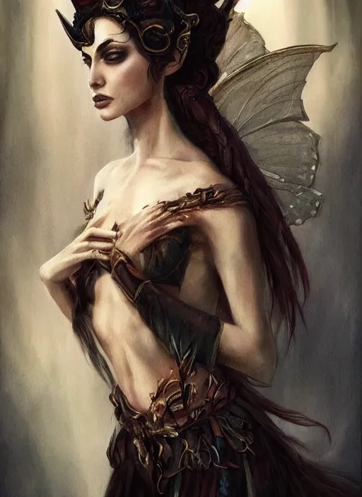 Image similar to tarot!!, fairy queen, fantasy medieval, no noise, elegant, concept art, sharp focus, beautiful face!!, digital art, smooth defined outlines!!, by Brom, trending on Artstation, Tom Bagshaw, Sargent