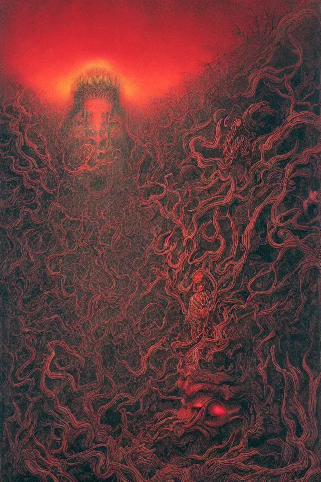 Image similar to zhongyuan festival, chinese ghost festival, king of hell, inside page of comic book, psychedelic lights and fog, in the style of zdzislaw beksinski, ayami kojima, takato yamamoto, barclay shaw, karol bak, glowing light and shadow, hyperrealist