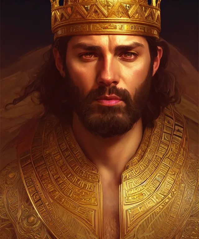 Prompt: portrait of biblical king of babylon, intricate, headshot, highly detailed, digital painting, artstation, concept art, sharp focus, cinematic lighting, illustration, art by artgerm and greg rutkowski, alphonse mucha, cgsociety