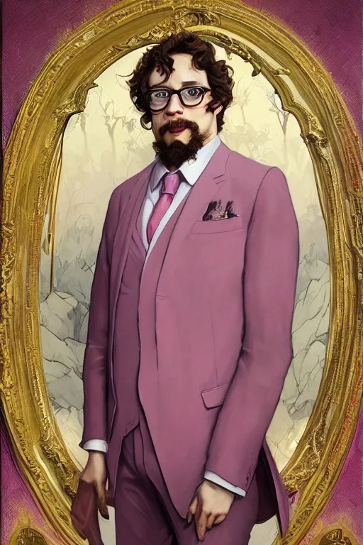 Image similar to Sam Hyde wearing a luxurious pink 3 piece suit, highly detailed, digital painting, artstation, concept art, sharp focus, unreal engine 5, art by  Peter Mohrbacher alex ross and greg rutkowski and alphonse mucha, baroque ornament details, vivid colors, high details, cinematic, 8k resolution, beautiful detailed, photorealistic, digital painting, artstation, concept art, smooth, sharp focus, illustration, fantasy background, artstation trending, octane render, unreal engine