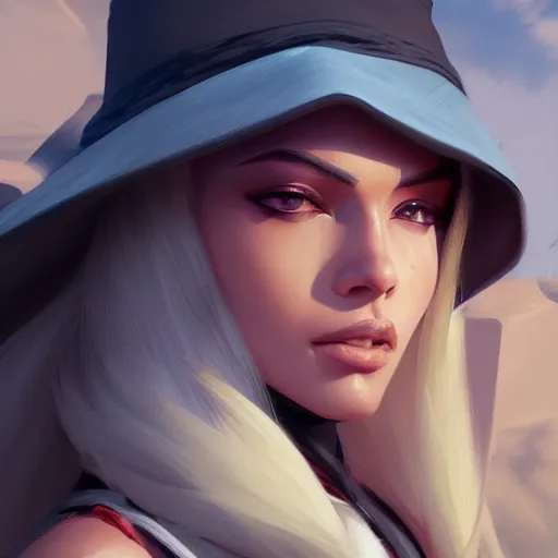 Image similar to very detailed masterpiece painting of ashe from overwatch in a desert, closeup, portrait, artstation, concept art by greg rutkowski