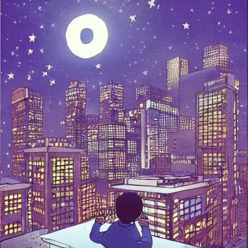 Image similar to a kid in a big city, sits on rooftop, watches a beautiful night full of stars and tech buildings, by satoshi kon and basil gogos