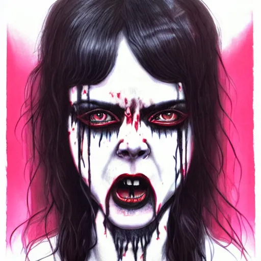 Image similar to a satanic screaming woman with bloody eyes by martine johanna and ruan jia, macabre