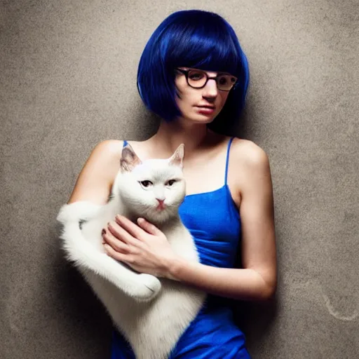 Image similar to A beautiful woman with blue short hair with bangs holding a grey and white cat, full body by Cedric Peyravernay, highly detailed, excellent composition, dramatic lighting, realistic 4k