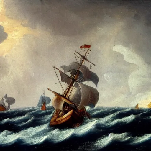 Image similar to a medieval vessel sailing the sea in a rough storm, sailors frantically pulling at ropes and tying the sails, large waves crashing and lightning striking in the distance, dark great clouds swirling above, detailed and oil painting