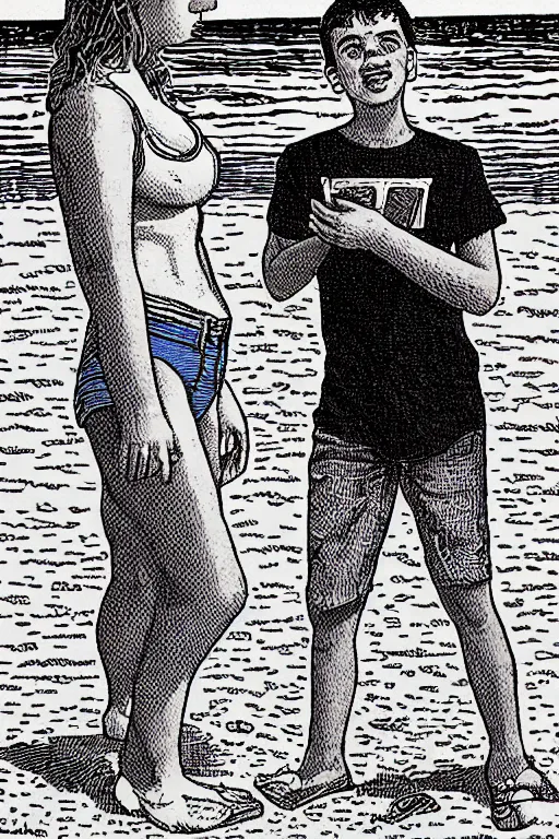 Prompt: teenager boy talking to mother at the beach, by robert crumb