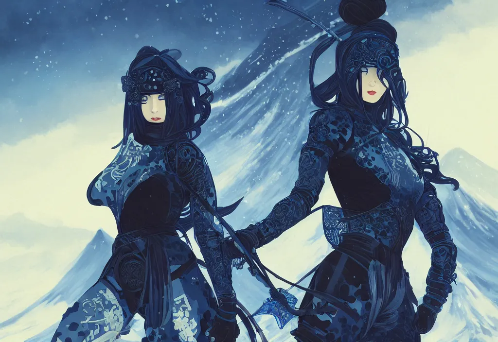 Image similar to portrait ninja gaiden girl, black and blue ninja wardrobe, at snowy fuji mountain sunrise, ssci - fi and fantasy, intricate and very very beautiful, detailed, digital painting, artstation, concept art, smooth and sharp focus, illustration, art by tian zi and wlop and alphonse mucha