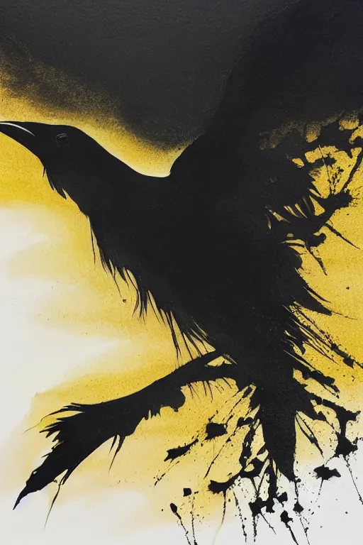 Image similar to beautiful serene smart raven, healing through motion, minimalistic golden ink airbrush painting on white background, studio ghibli