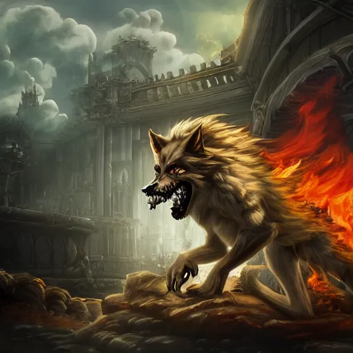 Prompt: A epic and beautiful rococo painting of a Werewolf using a burning laboratory. Castlevania style. ultra-detailed. Anime, pixiv, UHD 8K CryEngine, octane render