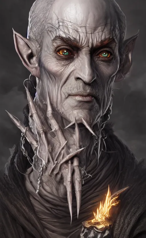 Image similar to legendary creepy dark elf wizard, highly detailed, d & d, fantasy, highly detailed, digital painting, trending on artstation, concept art, sharp focus, illustration, global illumination, ray tracing, realistic shaded, art by artgerm and greg rutkowski and fuji choko and viktoria gavrilenko and hoang lap