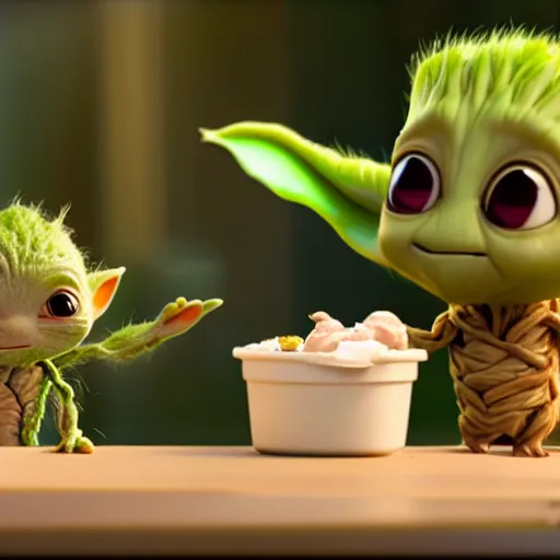 Prompt: cutest baby Groot and baby Yoda eating an ice cream. The ice cream looks like Pokemon Pikachu, very detailed, fun background, rendered in octane, unreal engineered, 8K