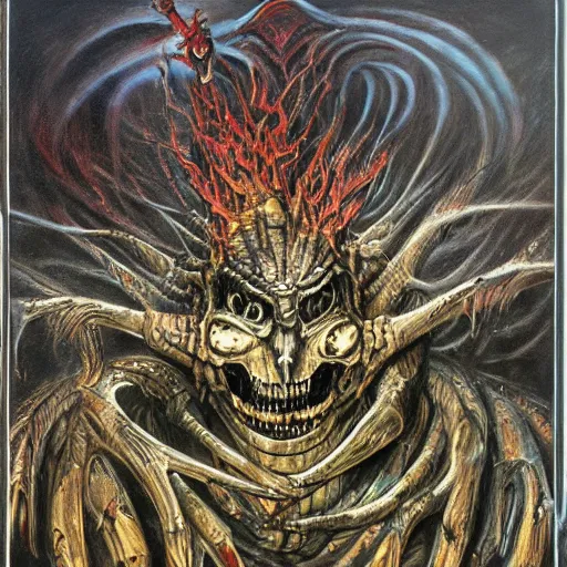 Prompt: painting by h. r. giger, fantasy demon rising from the ashes like a phoenix, metal album cover, punk, condemned to misery, terminate, metal, cloudy landscape, wide angle