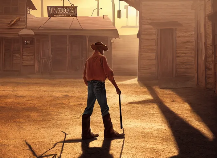 Prompt: an old cowboy walking through the door of a saloon, wild west, sunset, desert, dusty, sunbeams. digital illustration, colors, soft lighting, adventurous, atmospheric lighting, 8K, octane render. By Makoto Shinkai, Stanley Artgerm Lau, WLOP, Rossdraws, James Jean, Andrei Riabovitchev, Marc Simonetti, krenz cushart, Sakimichan, D&D trending on ArtStation, digital art.