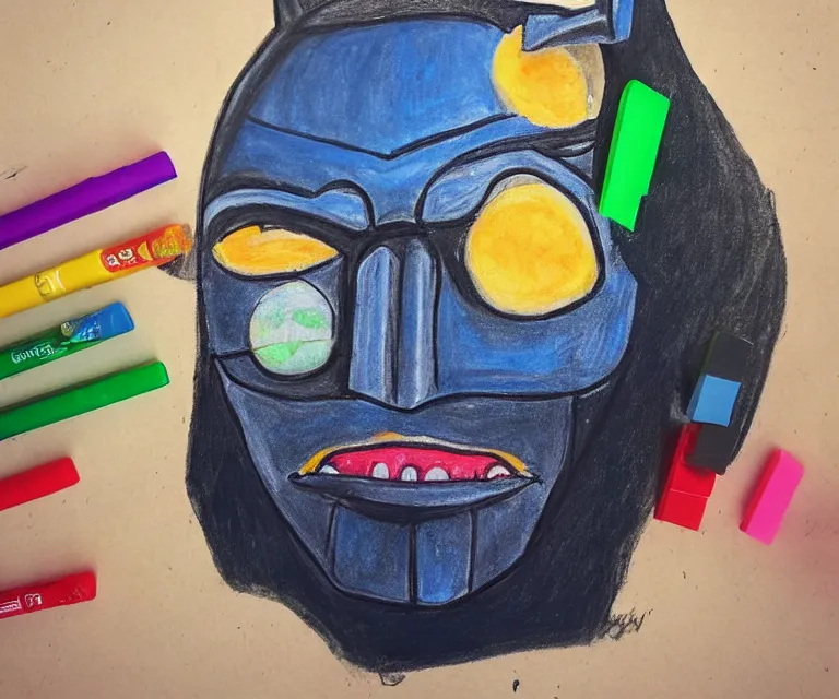 Prompt: “ happy treacher collins batman eating crayons in mouth, photorealistic, hyperrealism, 8 k, mixed - media, extra limbs ”