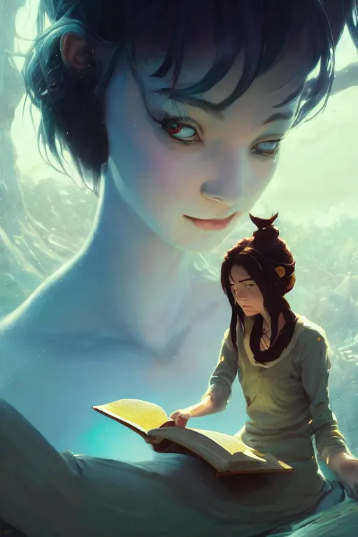 Image similar to highly detailed portrait of beautiful girl reading a book in avatar, dynamic pose, stephen bliss, unreal engine, fantasy art by greg rutkowski, loish, rhads, ferdinand knab, makoto shinkai and lois van baarle, ilya kuvshinov, rossdraws, tom bagshaw, global illumination, radiant light, detailed and intricate environment