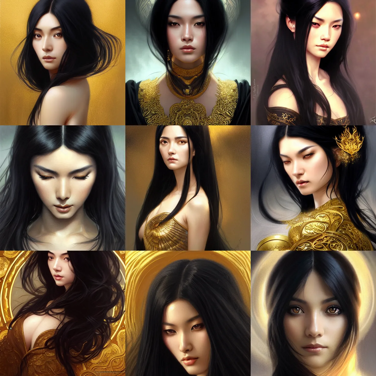 Prompt: beautiful black haired woman with golden eyes, asian descend, long hair combed to one side, black clothes, closeup, d & d, fantasy, intricate, elegant, highly detailed, digital painting, artstation, concept art, matte, sharp focus, illustration, art by artgerm and greg rutkowski and alphonse mucha