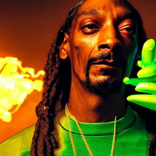 Prompt: cinematic film still of Snoop Dogg starring as a futuristic Marvel Super Hero holding green fire in a 2022 Marvel Movie, 40mm lens, shallow depth of field