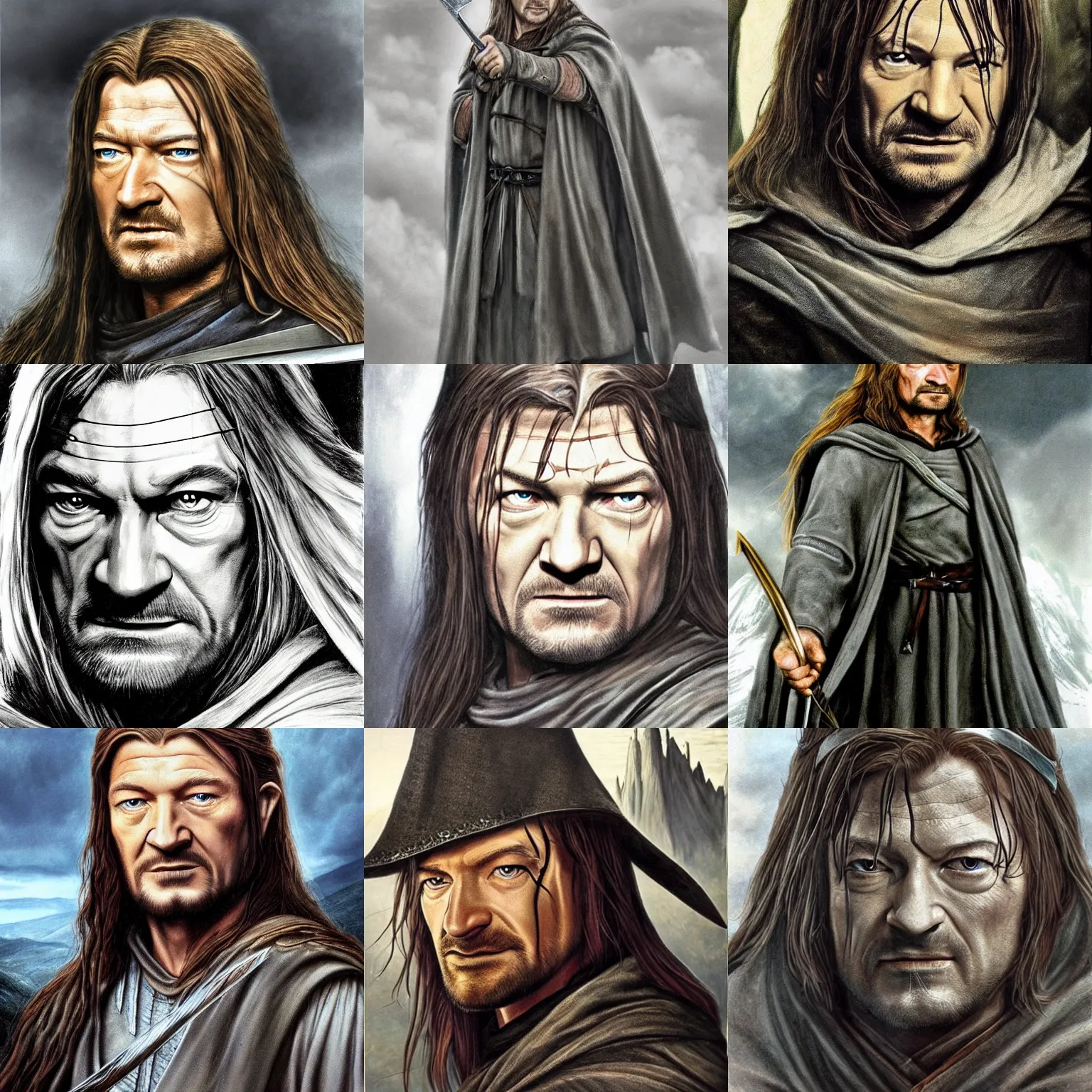 Prompt: boromir as gandalf from the lord of the rings: the two towers at minas tirith epic portrait, super realistic, photorealism