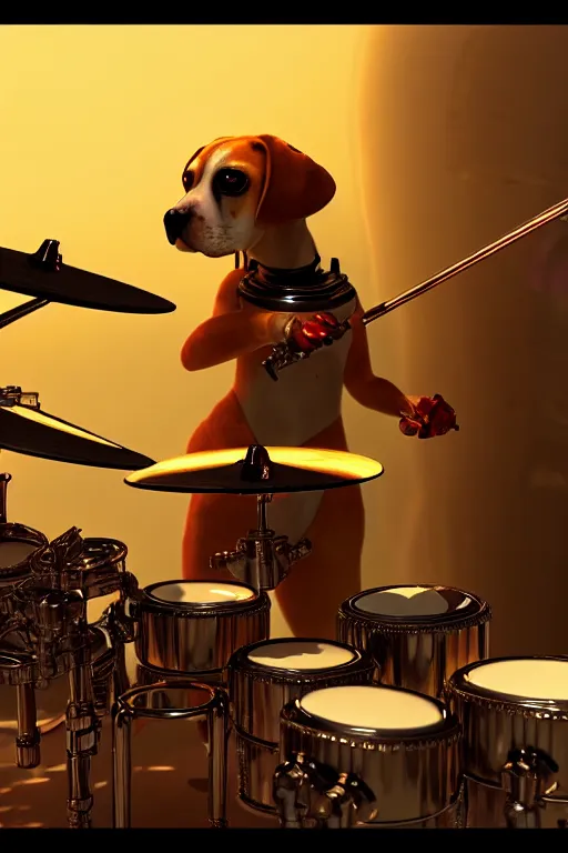 Image similar to high quality 3 d render very cute cyborg beagle plays drums!, cyberpunk highly detailed, unreal engine cinematic smooth, in the style of blade runner & pixar, hannah yata charlie immer, moody light, low angle, uhd 8 k, sharp focus