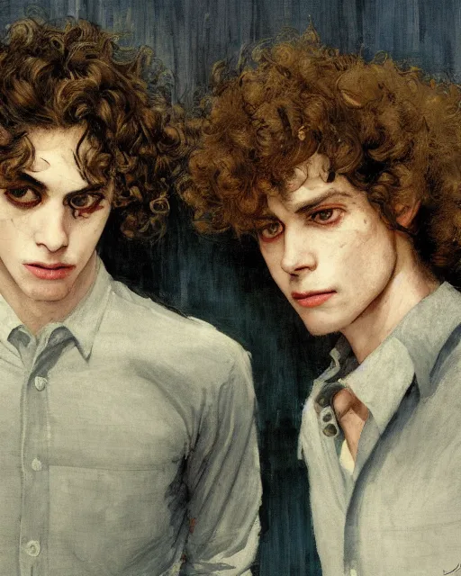 Image similar to two handsome but creepy young people in layers of fear, with haunted eyes and curly hair, 1 9 7 0 s, seventies, wallpaper, a little blood, moonlight showing injuries, delicate embellishments, painterly, offset printing technique, by coby whitmore, jules bastien - lepage, mary jane ansell