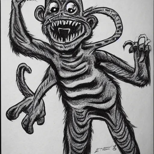 Prompt: a Pop Wonder scary horror themed goofy-hilarious-character-monkey-lizard, dime-store-comic drawn with charcoal and pen and ink, half-tone-line-stacking