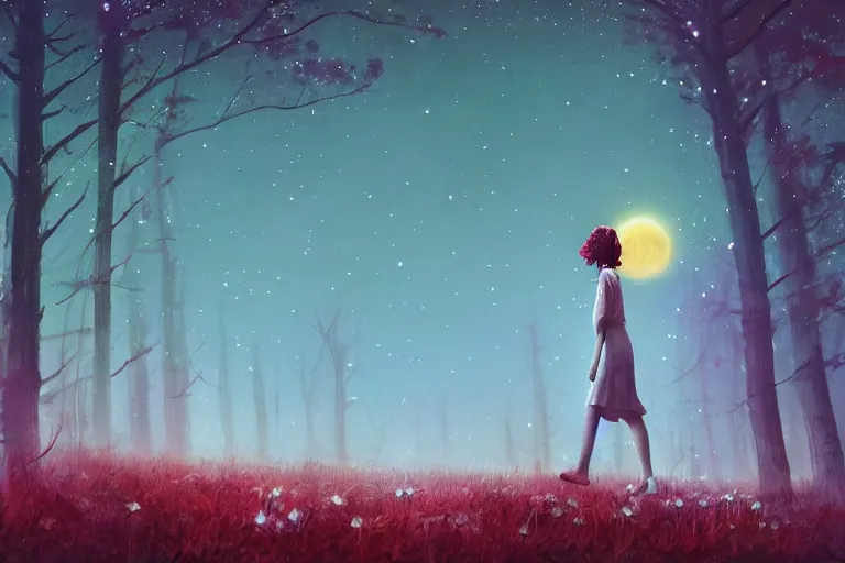 Image similar to looming giant daisy flower over head, girl walking in forest, surreal photography, dark night, stars, moon light, impressionist painting, clouds, digital painting, artstation, simon stalenhag