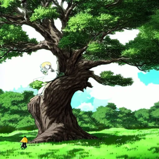 Image similar to big white whale flying near giant tree in the green field, anime, HD,