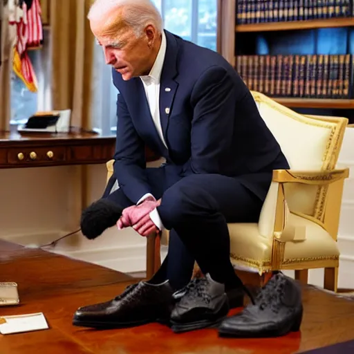 Image similar to joe biden talking to a shoe on a desk.