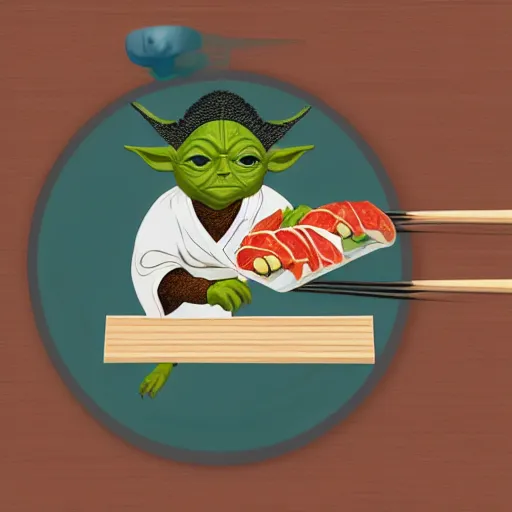 Prompt: yoda eating sushi with wood chopsticks, detailed, illustration, 2d, 4k