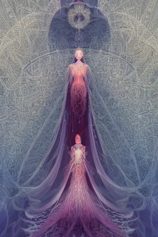 Prompt: beautiful detailed digital illustration of a beautiful magician , wearing crystal fractal tiara, Symmetrical composition, fantasy long intricate gown, sharp focus, octane render, high quality, 8k, volumetric lighting, color grading, by By James Jean and WLOP and Victo Ngai