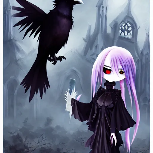 Image similar to a gothic anime girl and her pet raven raven haunting the pere lachaise cemetery by franklin chan, gloomy, trending on artstation