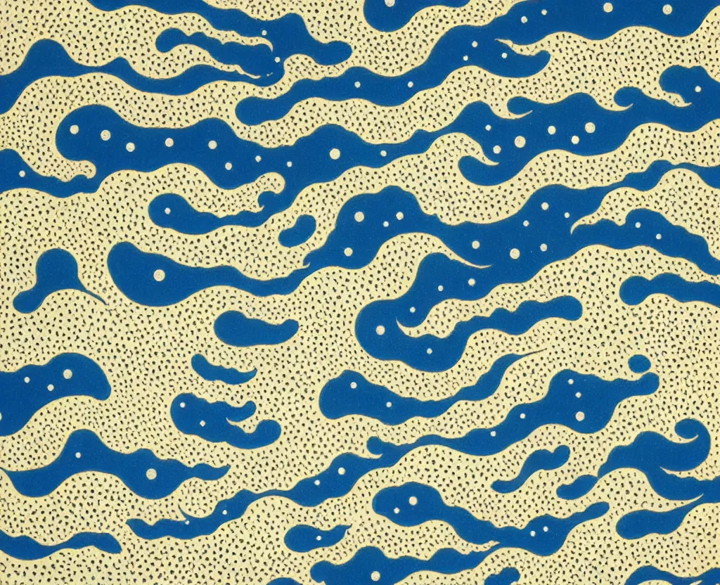 Image similar to dream waves on the starfields by katsushika hokusai and yayoi kusama