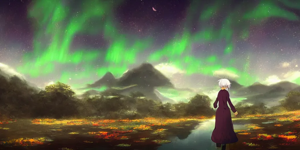 Prompt: white haired girl walking in cloud pond forest dusk, fractal dreamscape, shattered sky cinematic, shooting stars, aurora borealis mirror reflection, vibrant colors, digital anime illustration, award winning, by makoto shinkai