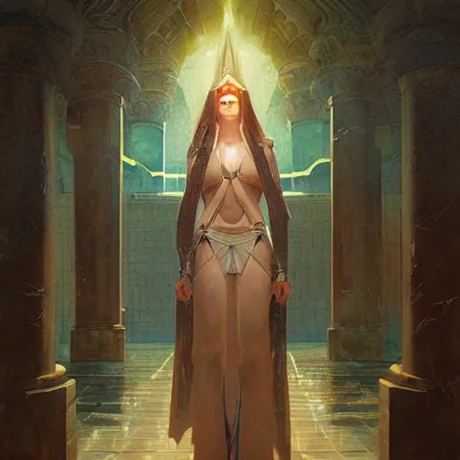 Prompt: portrait of beautiful priestess in ancient atlantis by greg rutkowski