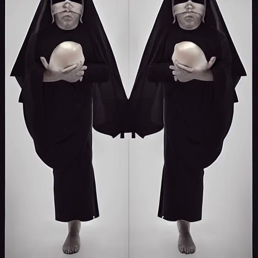 Image similar to award winning photo,two Hovering twin nuns, wearing pointed hoods, buxom chested, blindfolded, wearing translucent veils, see through dress, Very long arms, bedroom, wood door, eerie, frightening, standing at the foot of your bed, highly detailed, photorealistic, colorized —width 1024 —height 1024