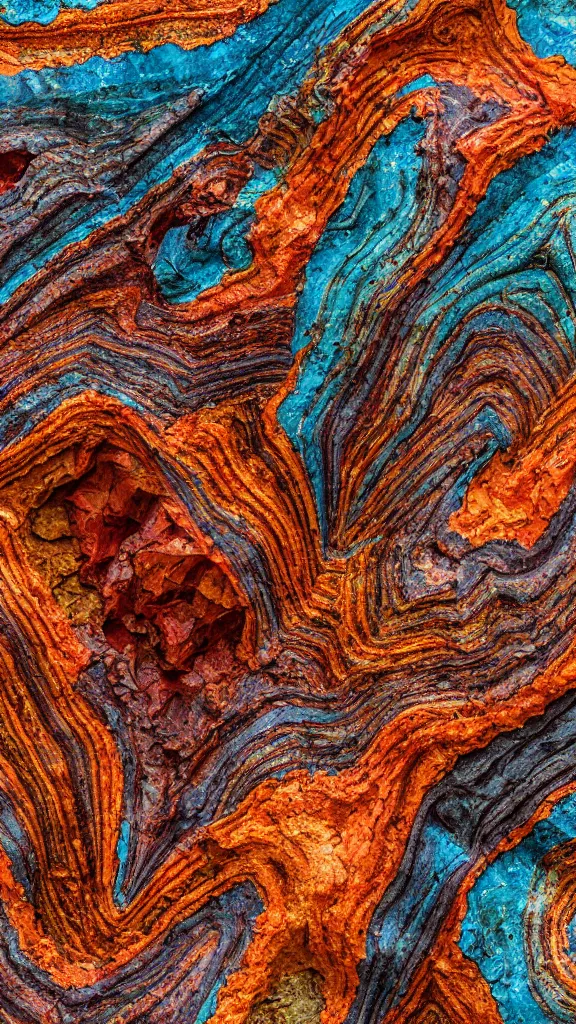 Image similar to vivid color, folded, tessellated planes of rock, alien sedimentary schematic, igneous rock, marbled veins, macro photography, 3D!!! diorama, depth of field with a patina of inlaid circuitry, layers of strata, mineral grains, dramatic lighting, rock texture, sand by James jean, geology, octane render in the style of Luis García Mozos